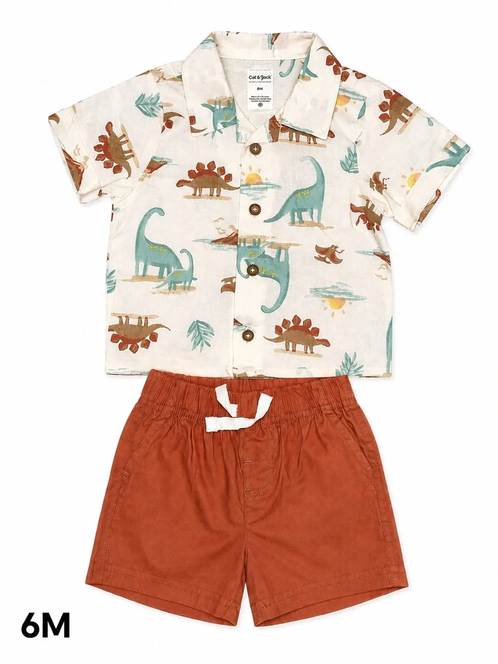 Cat & Jack Beige Dino Print Short Pajama Set with Rust Orange Shorts